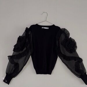 Zara Black Sheer Ruffle Sleeve Blouse